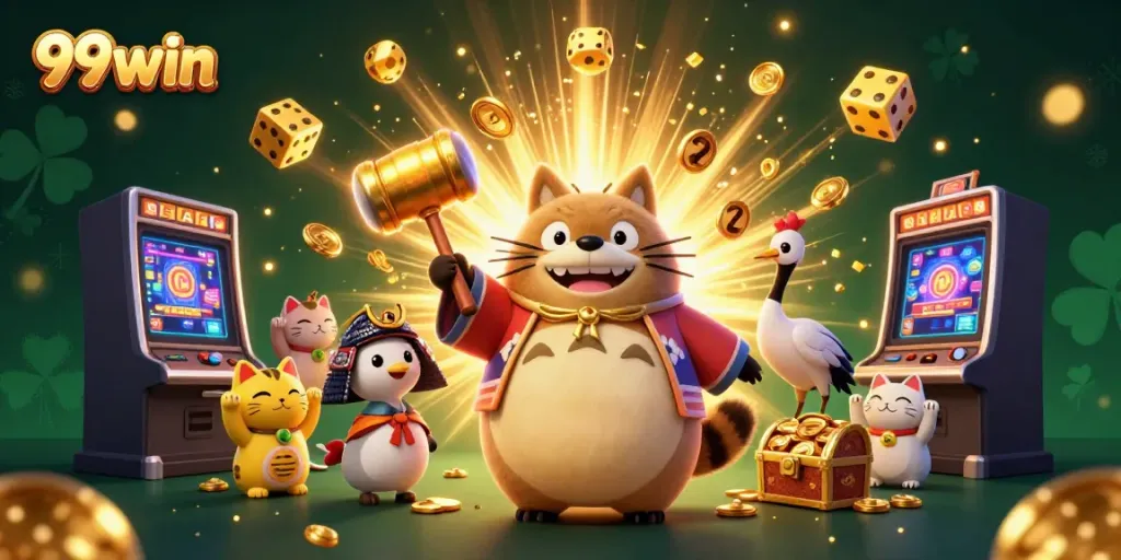 Experience the exciting 99win world with cheerful characters and vibrant casino elements.