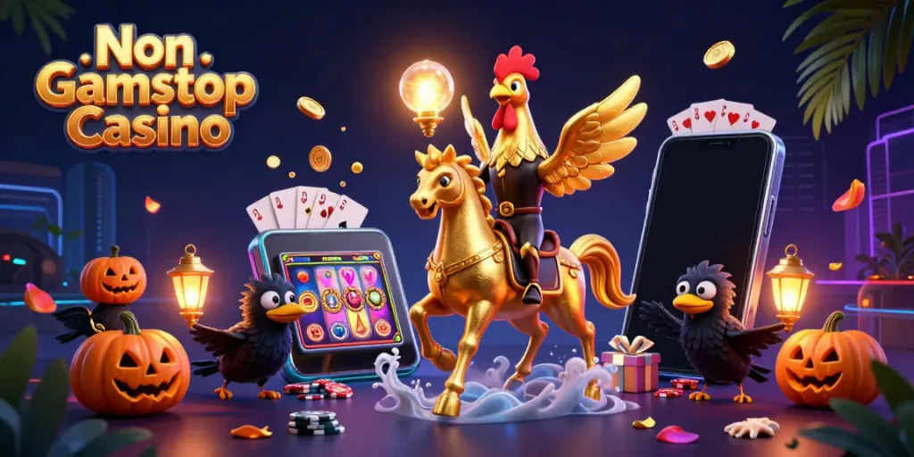 Engage in the thrill of Non Gamstop Casino with vivid characters, spinning reels, and casino icons in a vivid nighttime scene.
