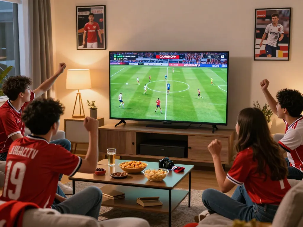 Friends enjoying a live football match on Gavangtv in a cozy living room.