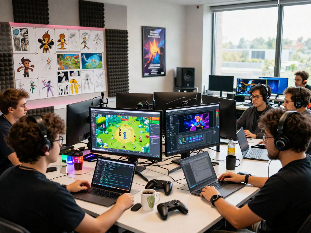 Creative team developing an engaging adult game in a lively studio environment.
