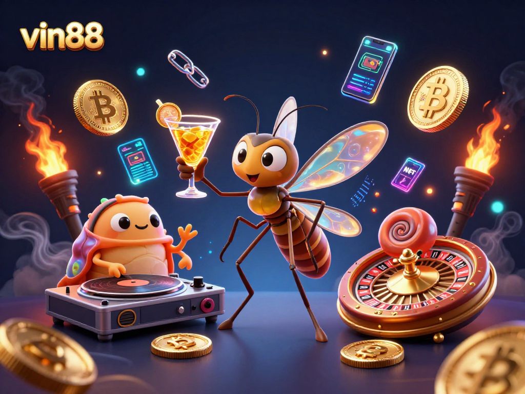 Engage with vin88's vibrant casino world featuring a unique 3D insect mascot, crypto elements, and a lively atmosphere.