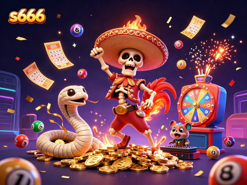 S666 casino scene featuring a skeleton mariachi rooster celebrating with gold coins and Lottery elements.