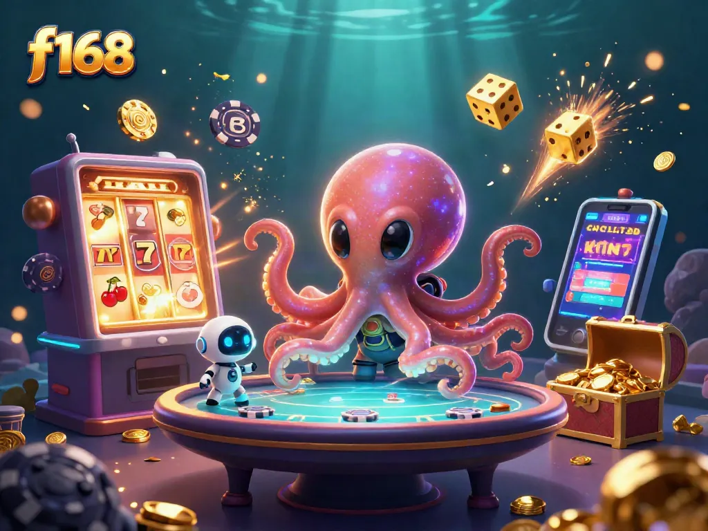 f168 alien octopus operating a holographic poker table surrounded by casino elements