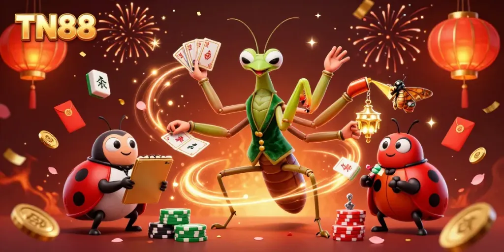 Engage with TN88 in an exciting casino scene featuring a card sharp mantis and pit boss ladybug.
