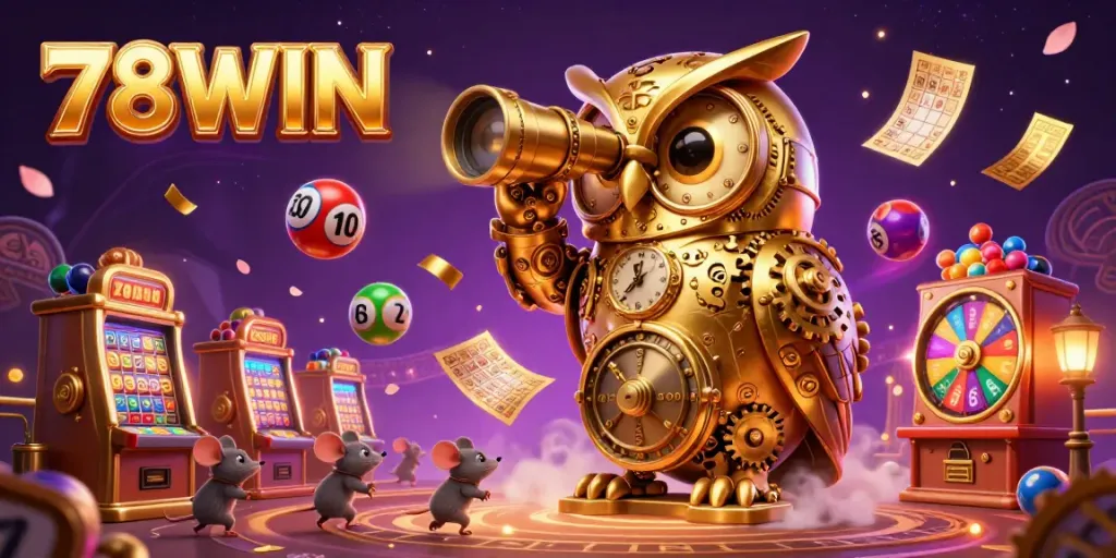 Experience the vibrant 78WIN casino scene with an owl, mice, and dynamic lottery elements lighting up the games.