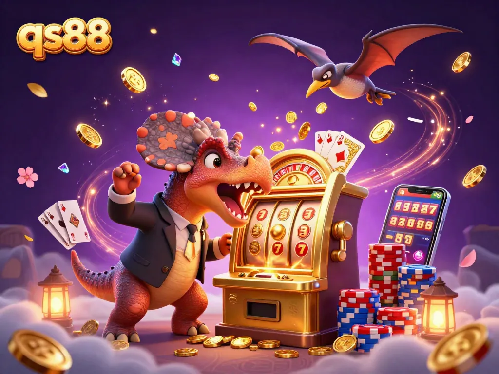 qs88 creates excitement as a pachycephalosaurus wins a jackpot, capturing flying coins in a vibrant casino scene.