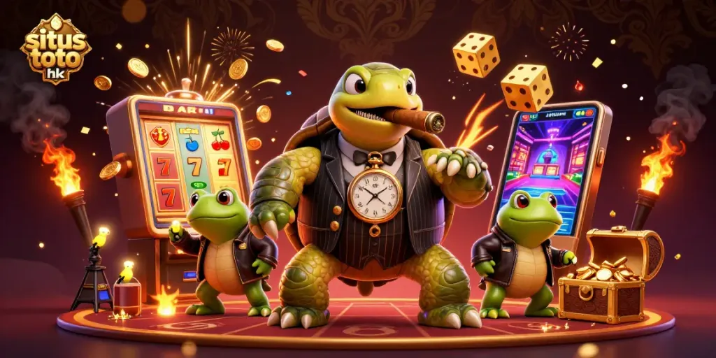 Engage with situs toto hk at this vibrant casino scene showcasing a whimsical turtle and bullfrogs.