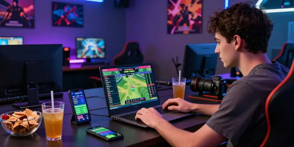Engaged player using https://debet.gb.net/ for live sports betting in modern gaming room.