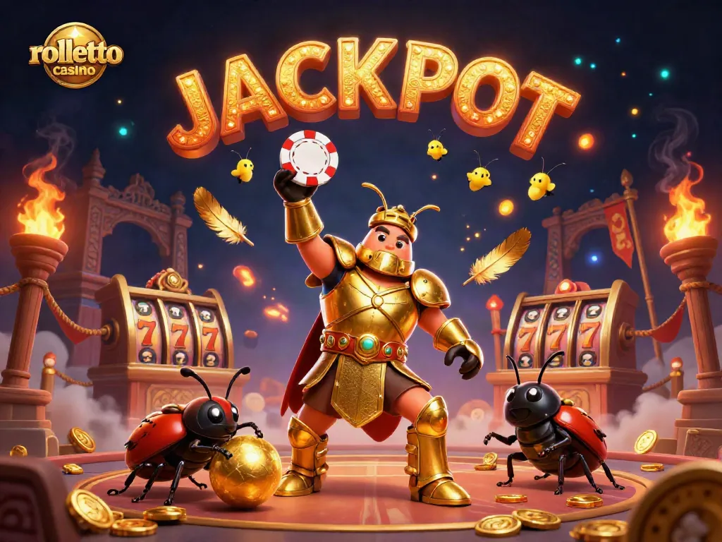 Engage with rolletto casino through 3D art featuring characters celebrating a big win in a vibrant gambling scene.