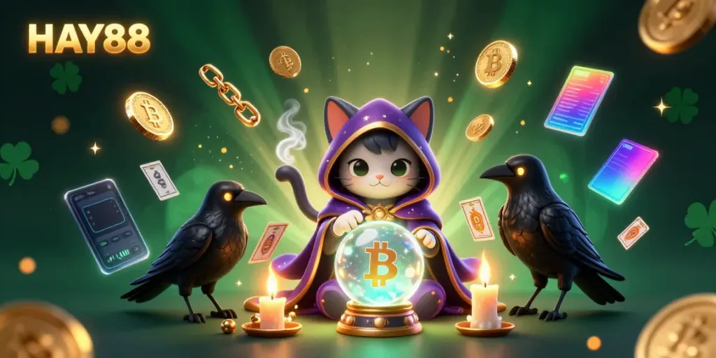 Engage with HAY88 through a mystical casino world featuring unique characters and glowing crypto elements.