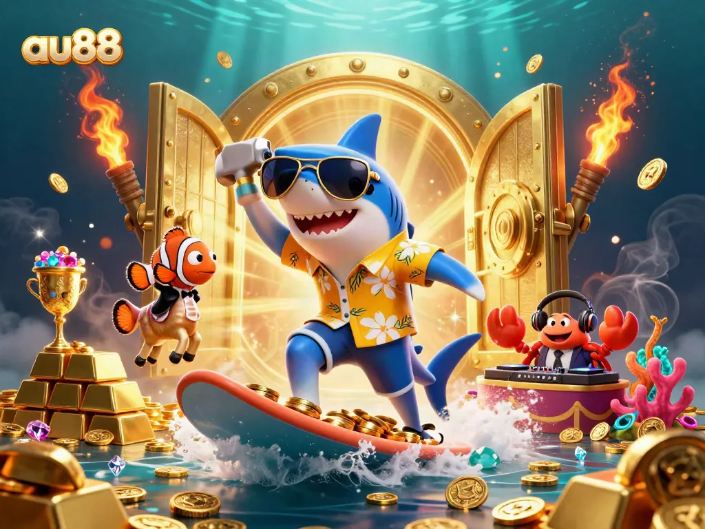 Experience the excitement of gaming with au88, featuring a shark and sparkling treasures.