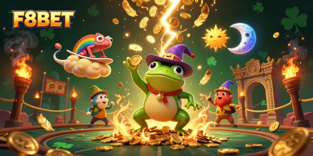 Engage with F8BET as a weather wizard frog conjures a storm of coins in a vibrant casino scene.