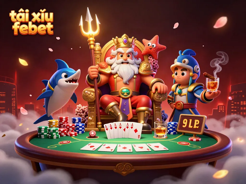 Experience the excitement of tài xỉu febet as sea king Neptune dominates a lively casino scene with glamorous gaming elements.