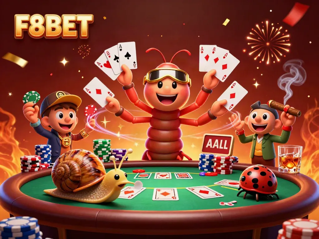 Experience F8BET's vibrant casino action with cartoon characters and dynamic poker elements.