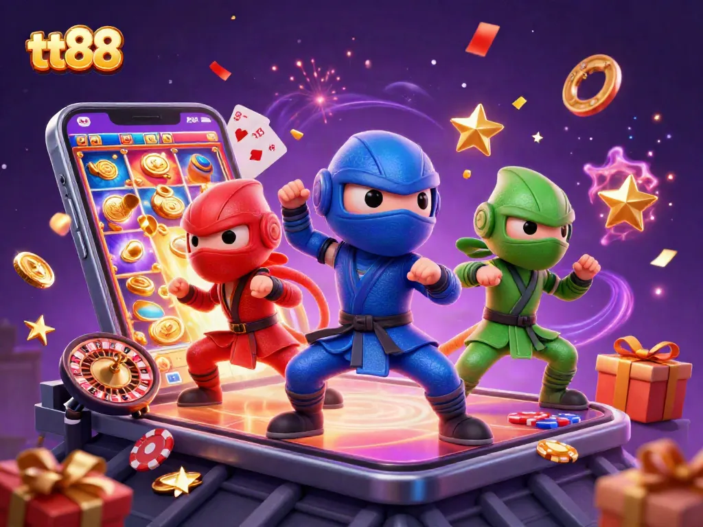 tt88 showcases a dynamic scene with ninja chameleons and slot games, blending excitement with rich visuals.