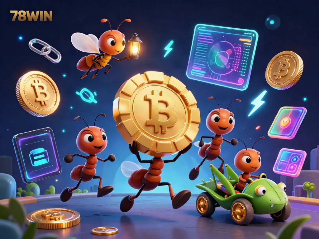 Experience thrilling moments with 78WIN as cartoon ants execute a heist in a vibrant casino world, showcasing action and excitement.