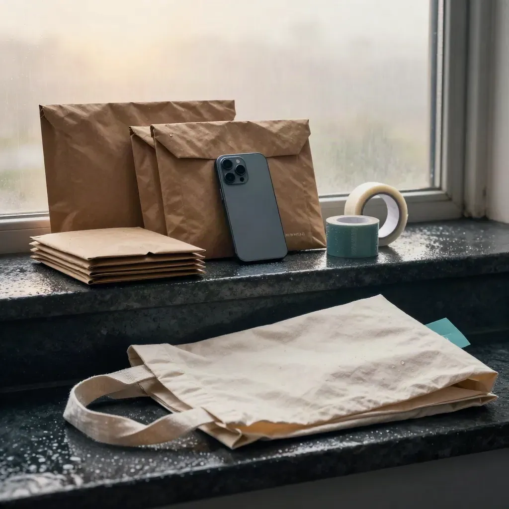 Starter Swap Pack on wet stone ledge with phone, mailers, tote and sleeves after rain