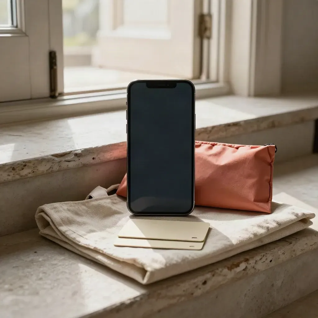 Unbranded phone, blank swap cards, parcel pouch and tote on a bright doorstep scene.
