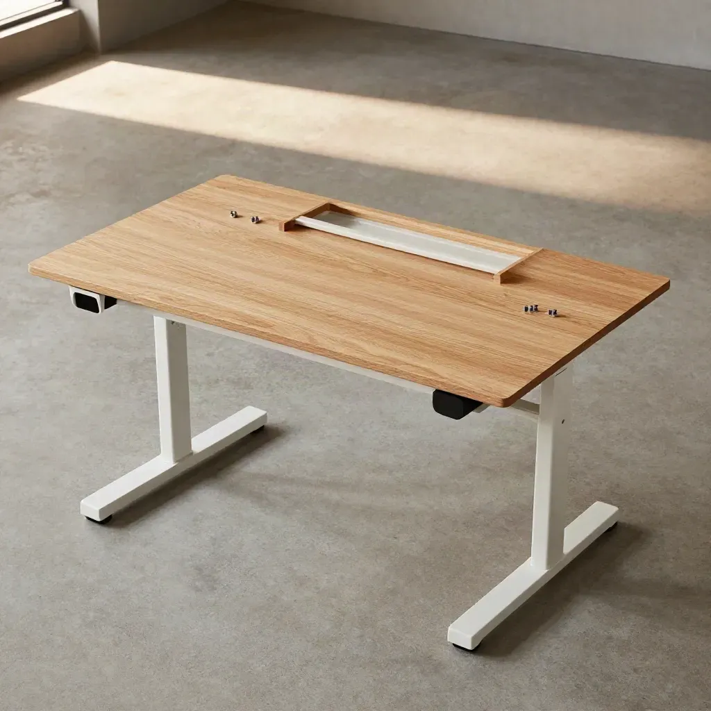 Overhead flat lay of a pale oak standing desk kit with white legs, tray and mat on concrete.