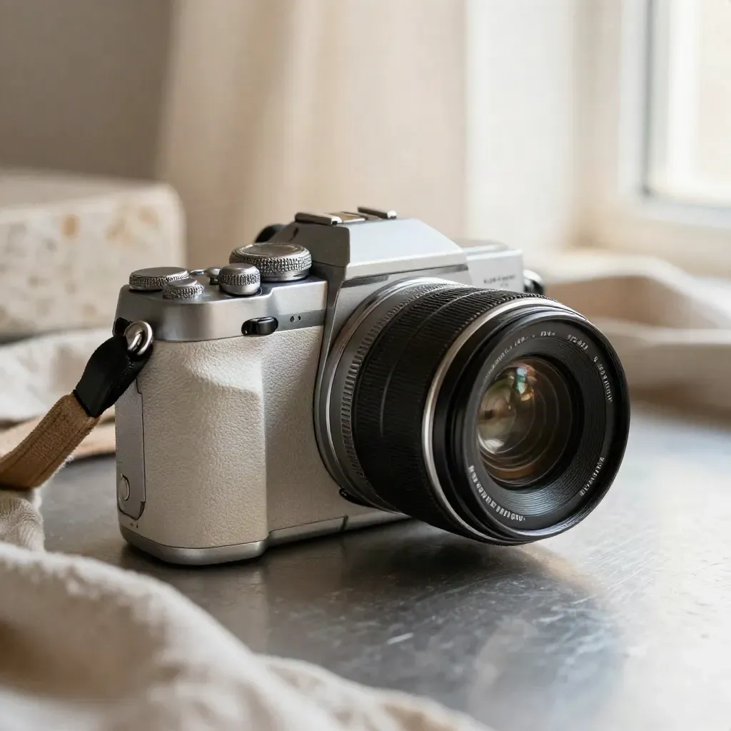 Unbranded mirrorless camera body, detached lens, battery and strap nestled in soft linen folds.