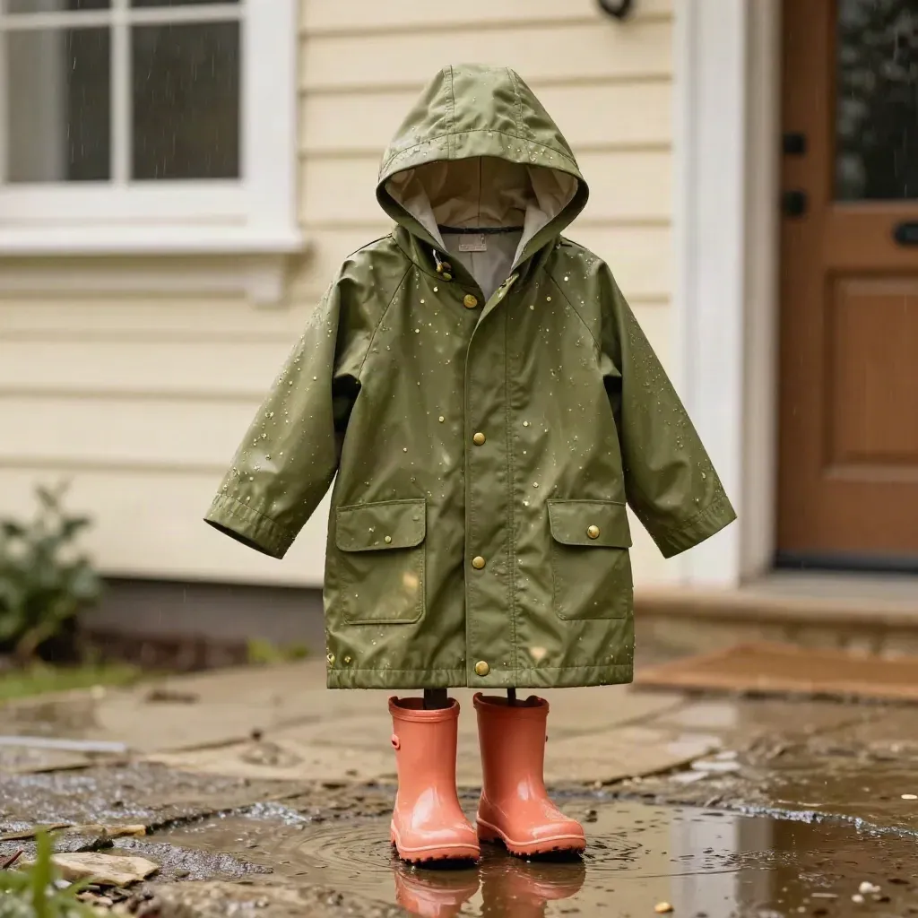 Olive kids rain coat and tiny boots by a puddle on pale paving in soft drizzle.