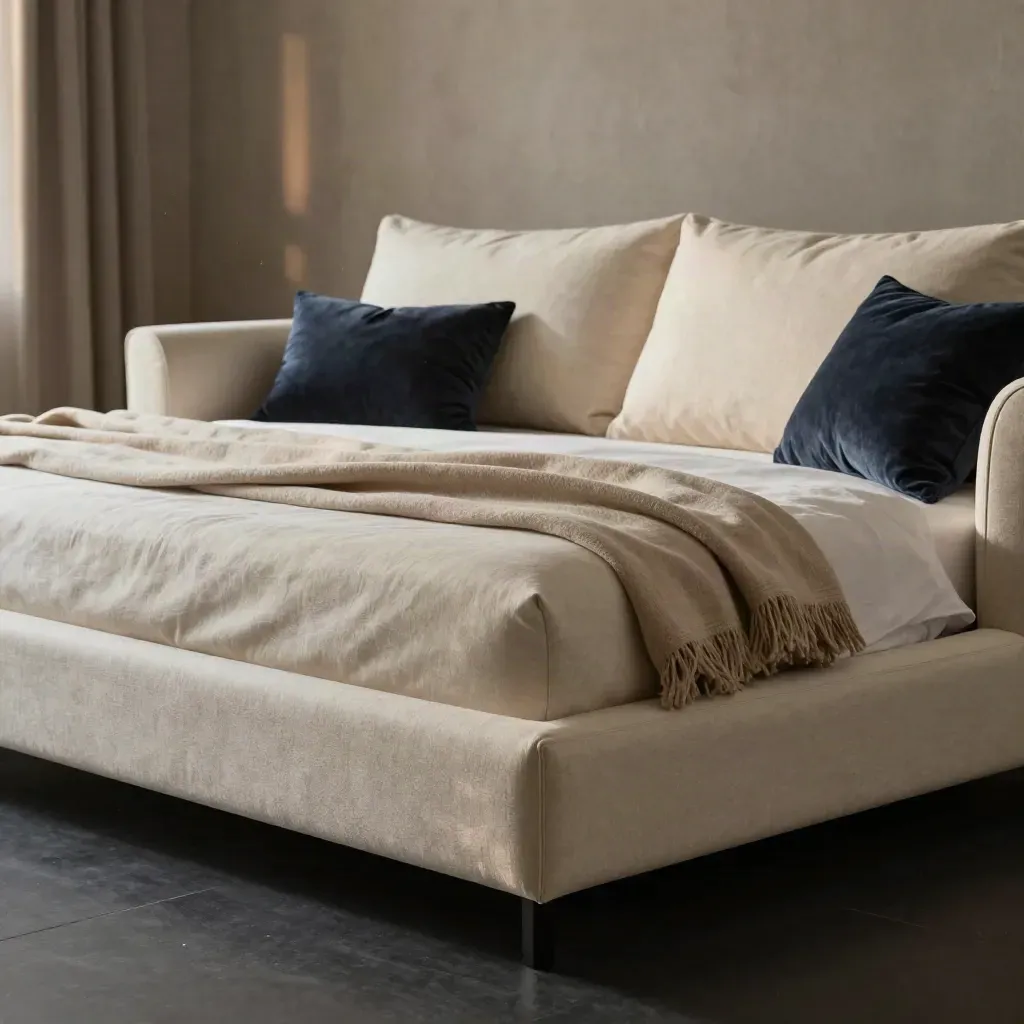 Cream sofa bed partly unfolded with throw and cushion in a dramatic living-room reveal.