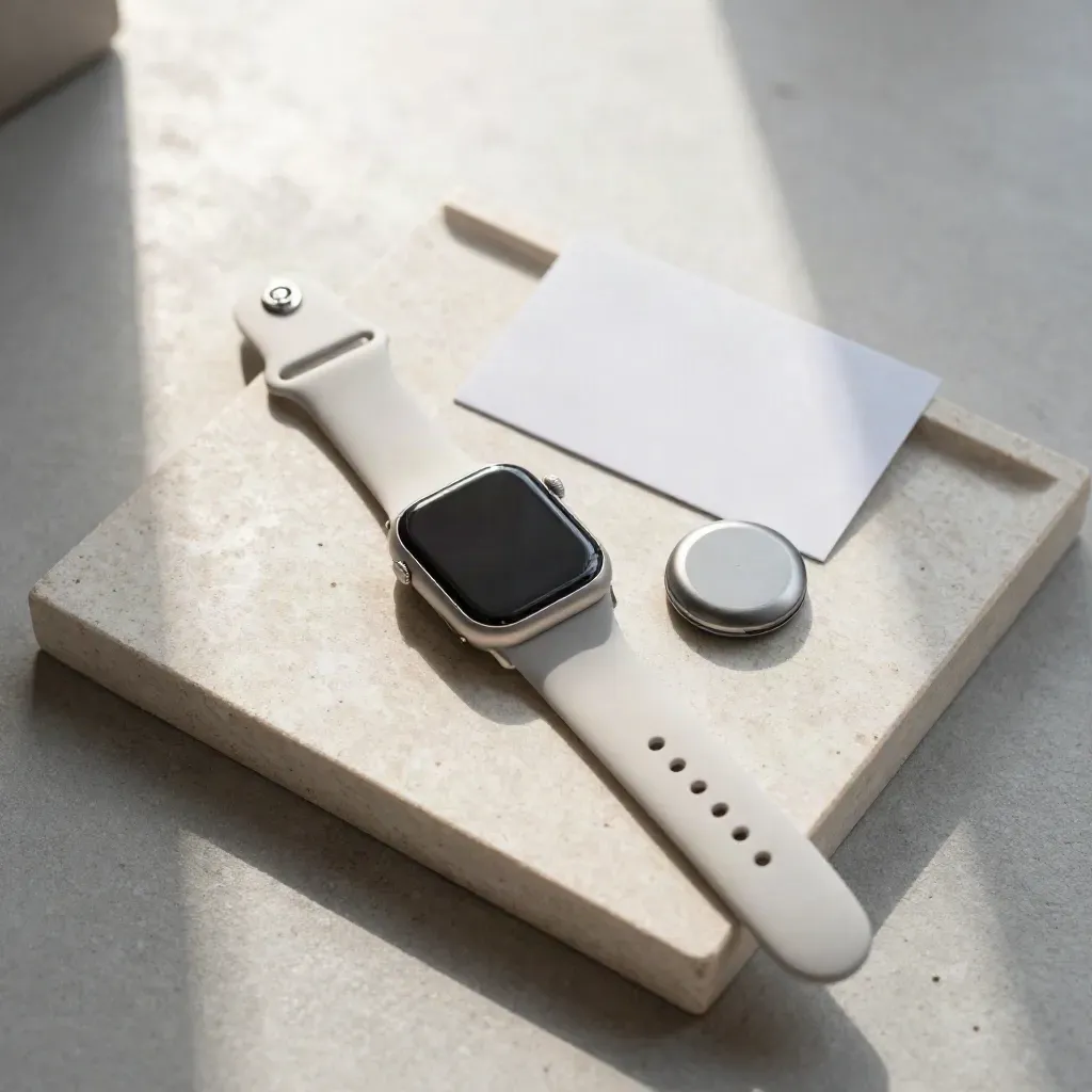 Overhead flatlay of a silver smartwatch, spare band and charging puck on a stone tray.