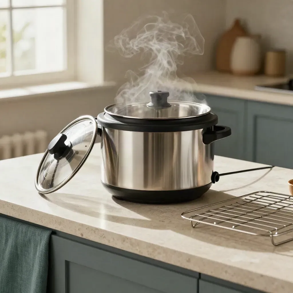 Stainless multi-cooker with inner pot and steam rack on a stone counter, steam rising softly.