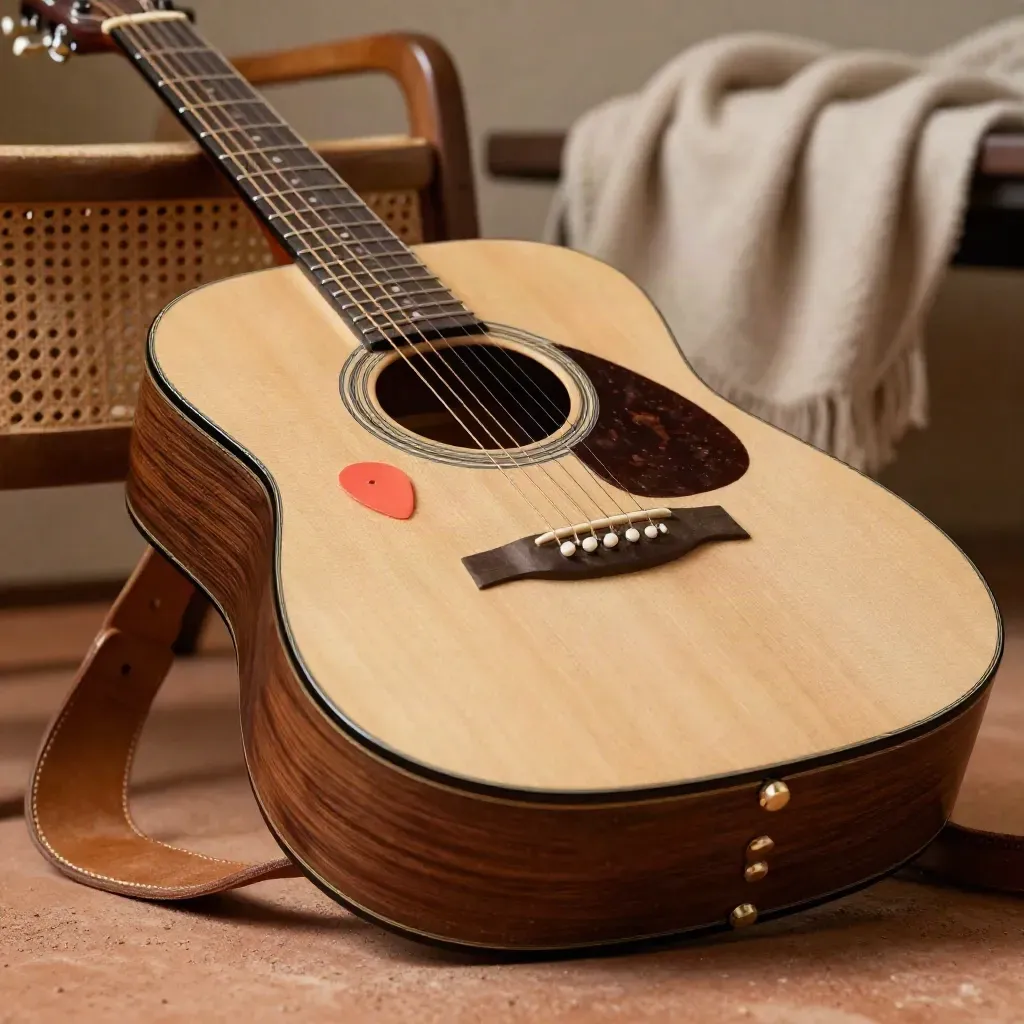 Macro acoustic guitar with strap and coral pick beside a chair and throw.
