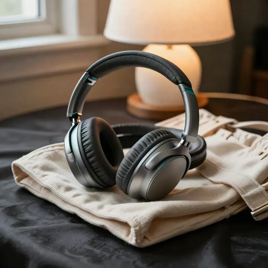 Three swap-ready items—headphones, lamp and tote—arranged in a dramatic circular product shot on a dark surface.