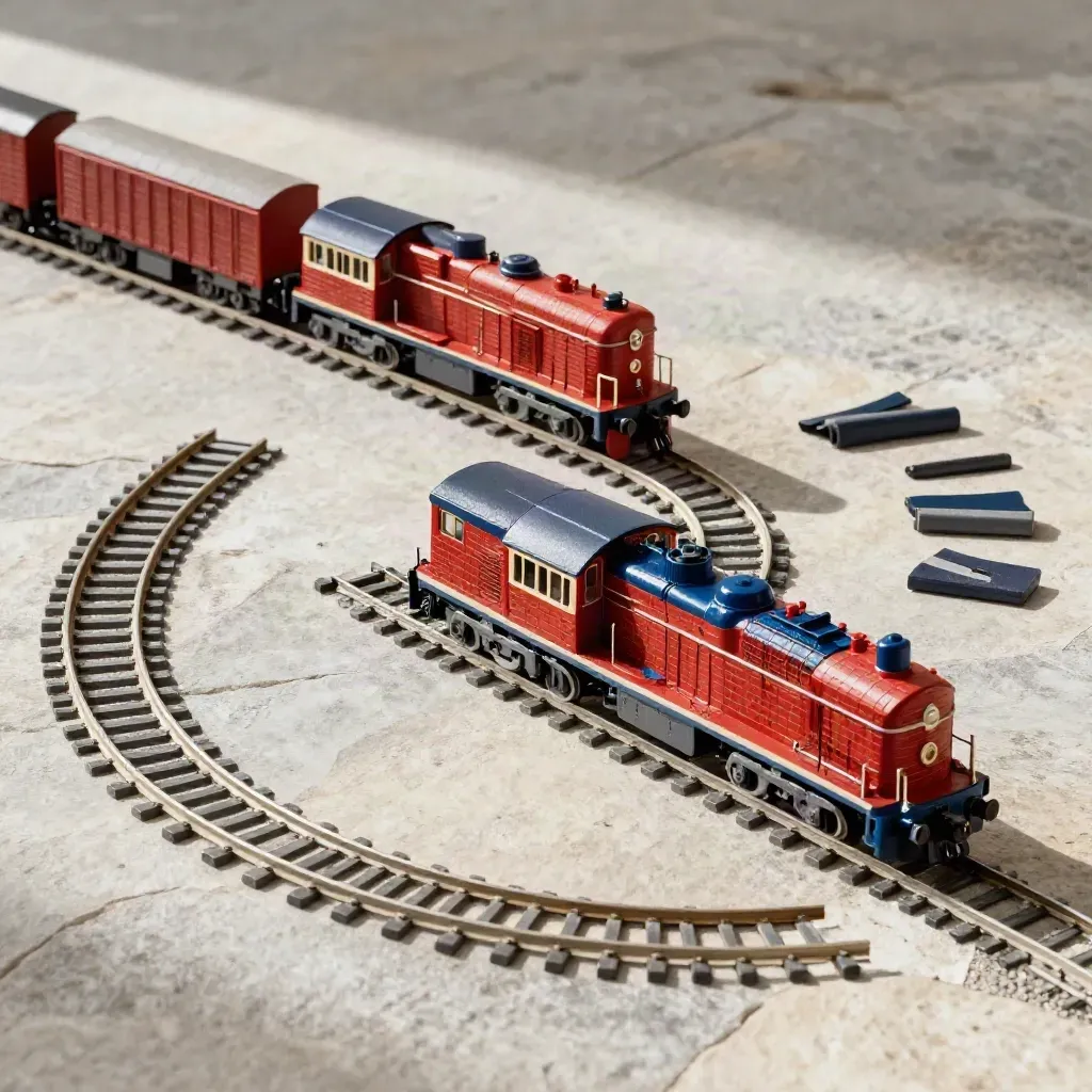 Overhead flatlay of a brick freight train, two wagons and curved tracks on pale stone