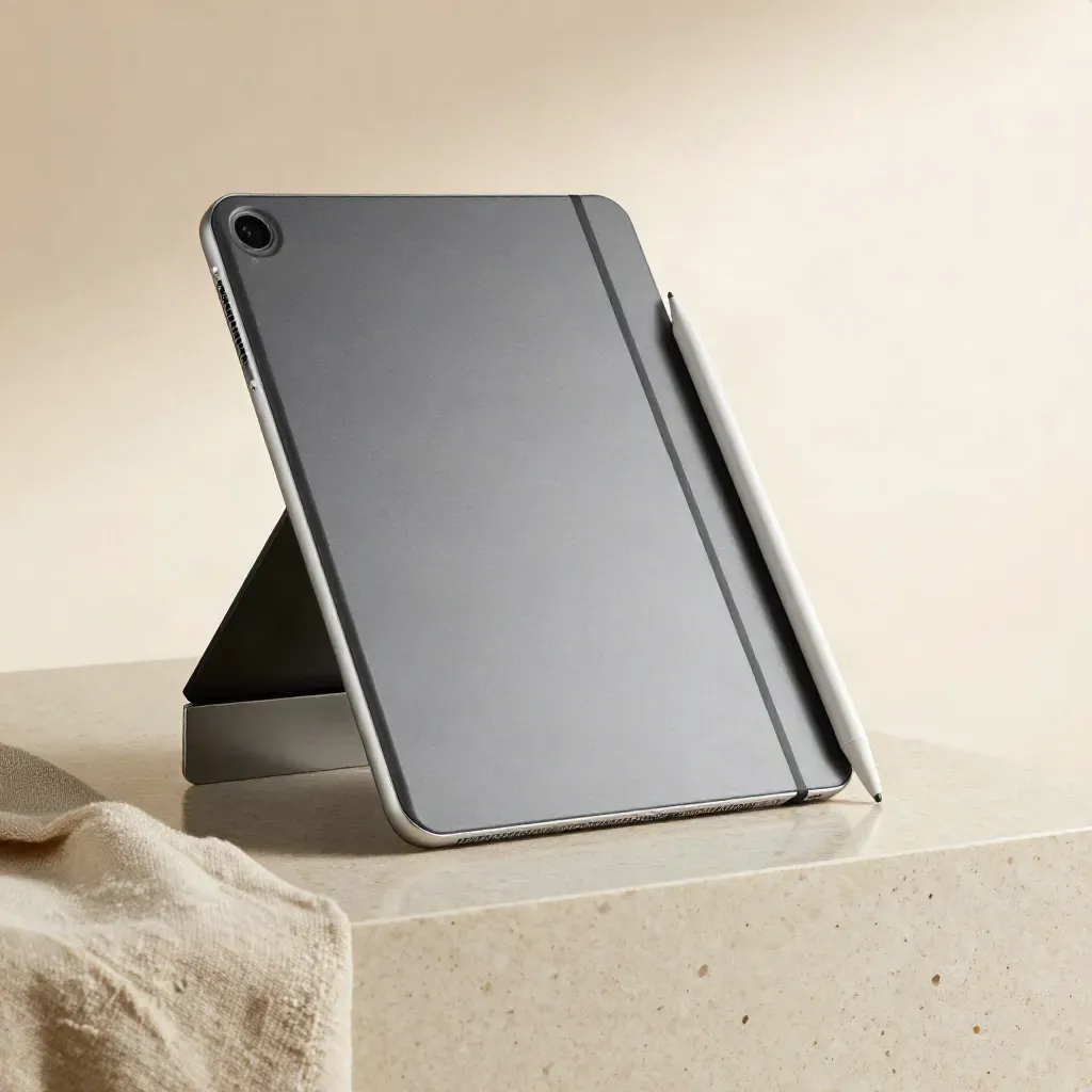 Graphite tablet in folio with white stylus against brushed aluminium on travertine