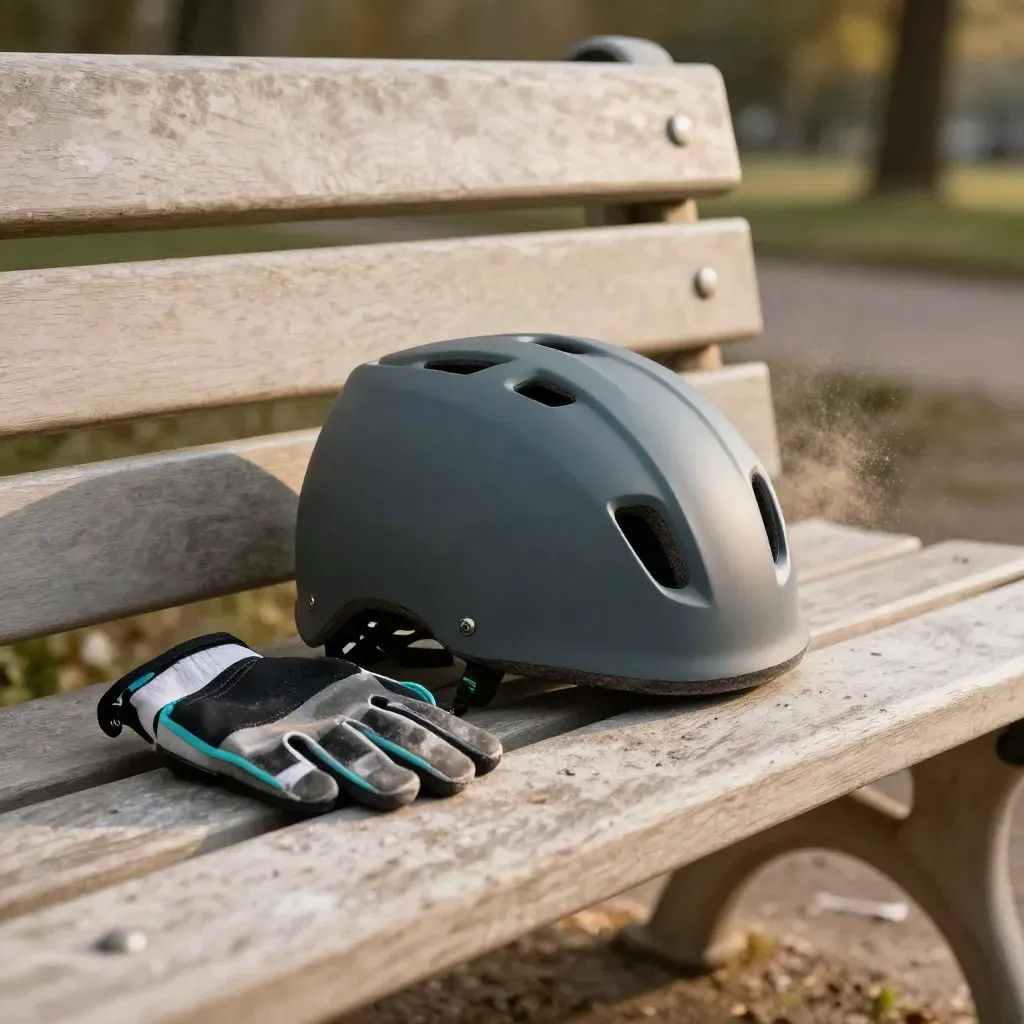 Matte kids' bike helmet and cycling gloves on a bench beside chalky pavement, in soft late-afternoon light