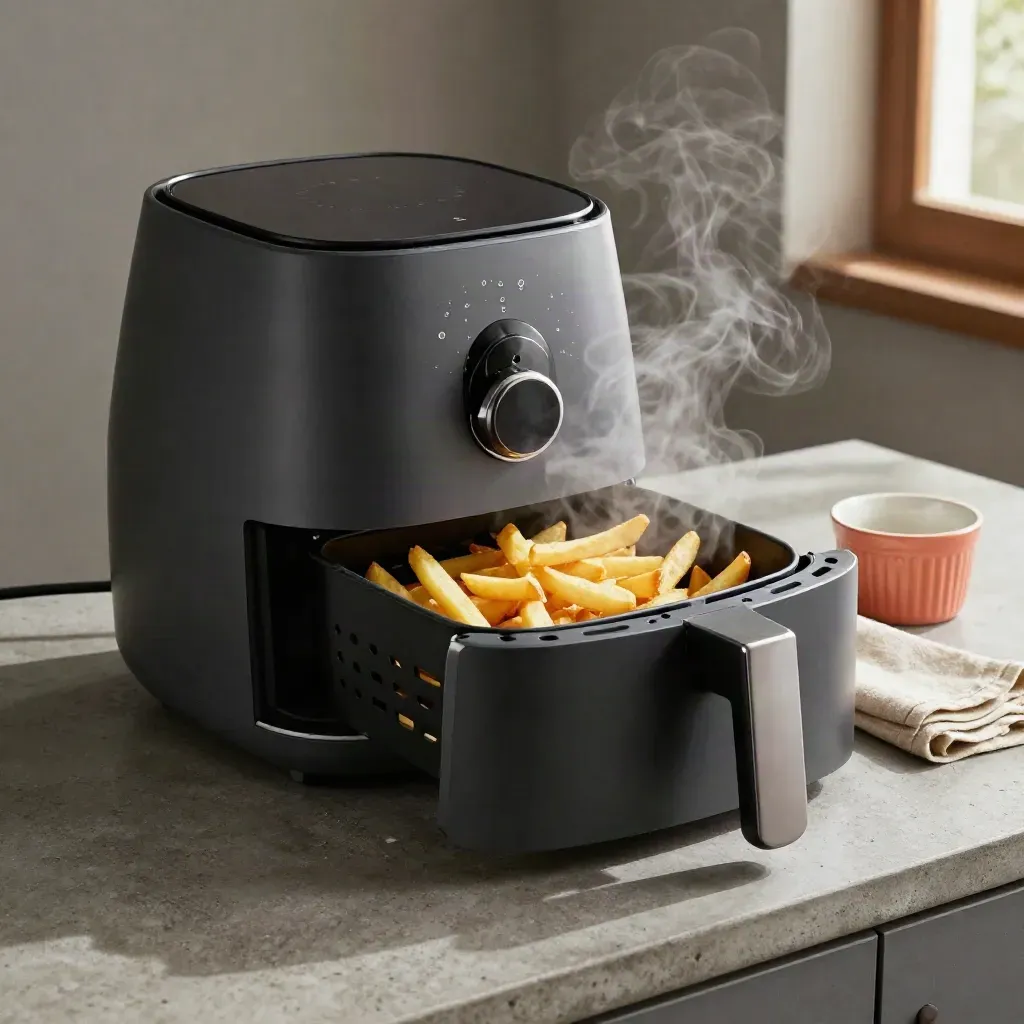 Matte air fryer mid-burst with steam and fries on a dark counter
