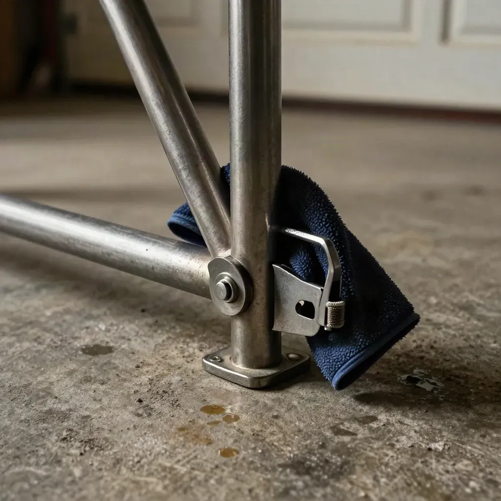 Steel bike repair stand locking on a dusty garage floor with wrench and grease cloth.