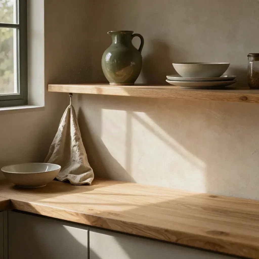 Sunlit kitchen nook with stoneware bowls, pale wood table, and linen drape