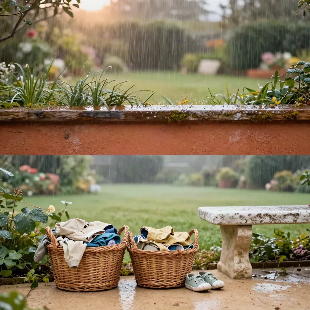 Rainy garden edge with baskets, a pale bench, and calm grass for copy space