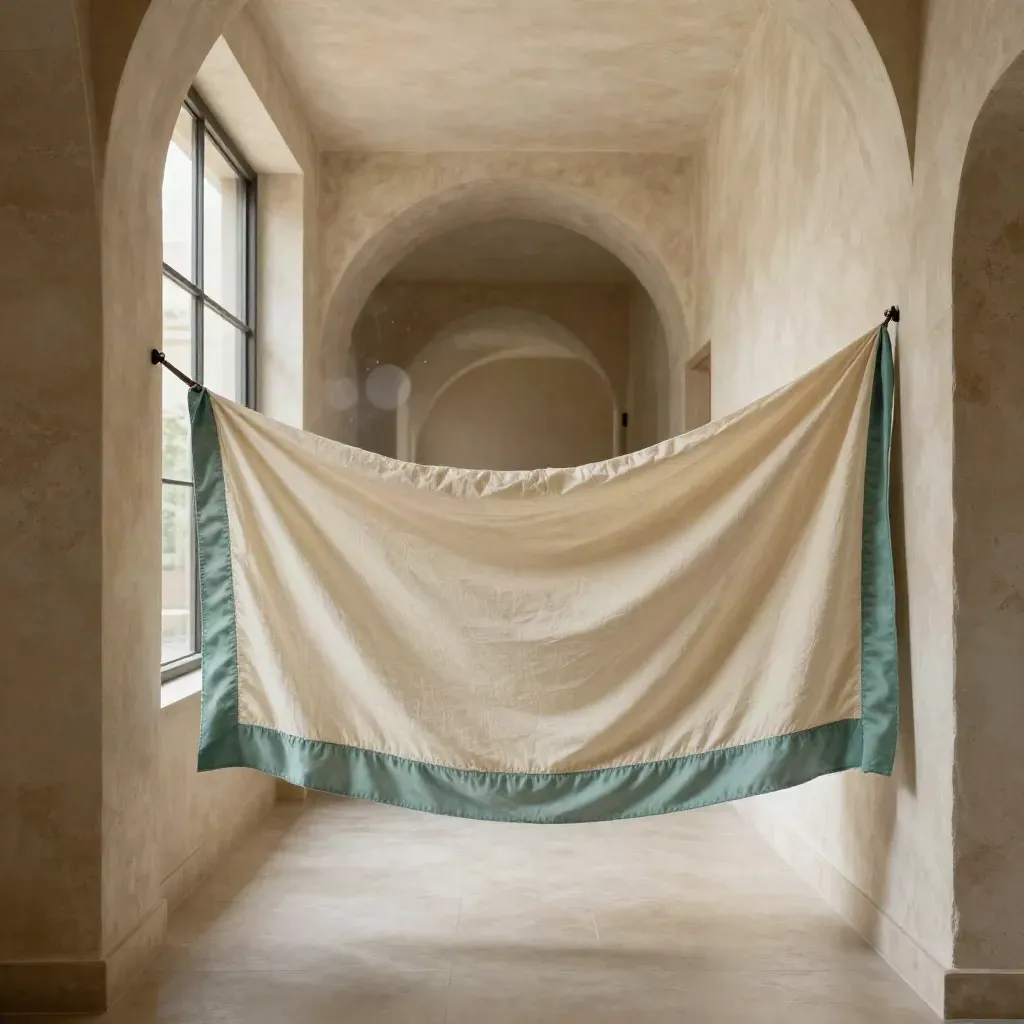 Sunlit curved plaster boutique corridor with pale floor, draped fabric and soft teal accent.