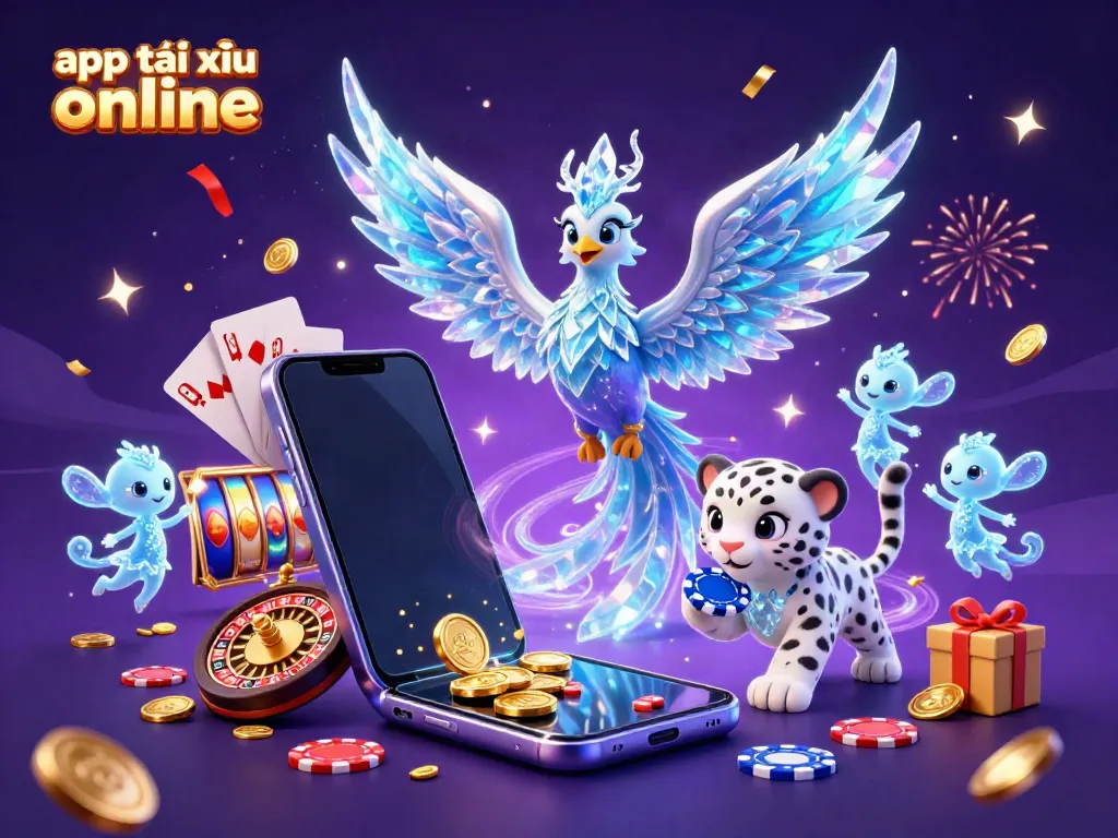 Play app tài xỉu online with an energetic scene of characters and vibrant casino elements.