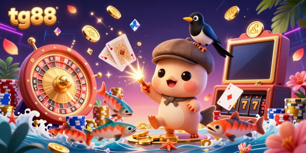 Experience the thrill of gambling with tg88 in this vibrant 3D cartoon illustration featuring dynamic characters and rich casino elements.