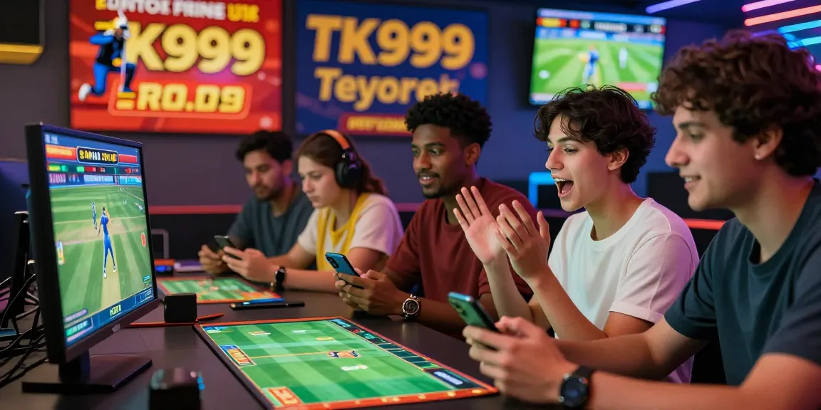 Group enjoying online betting at TK999, celebrating wins in a dynamic sports lounge.
