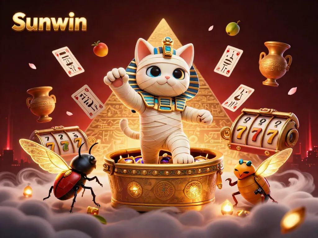 Experience the vibrant fun of Sunwin with an illustrated mummy cat and gold symbols in a lively casino.