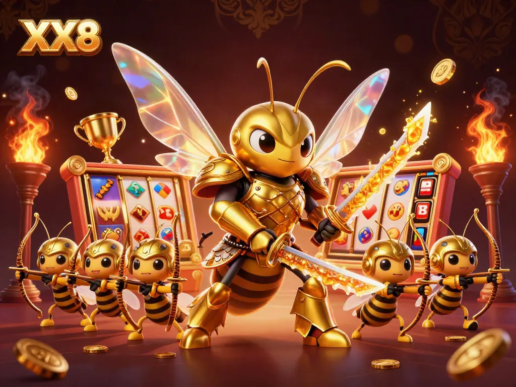 Engage with the vibrant XX8 casino experience featuring dynamic slot reels and a golden hornet warrior.