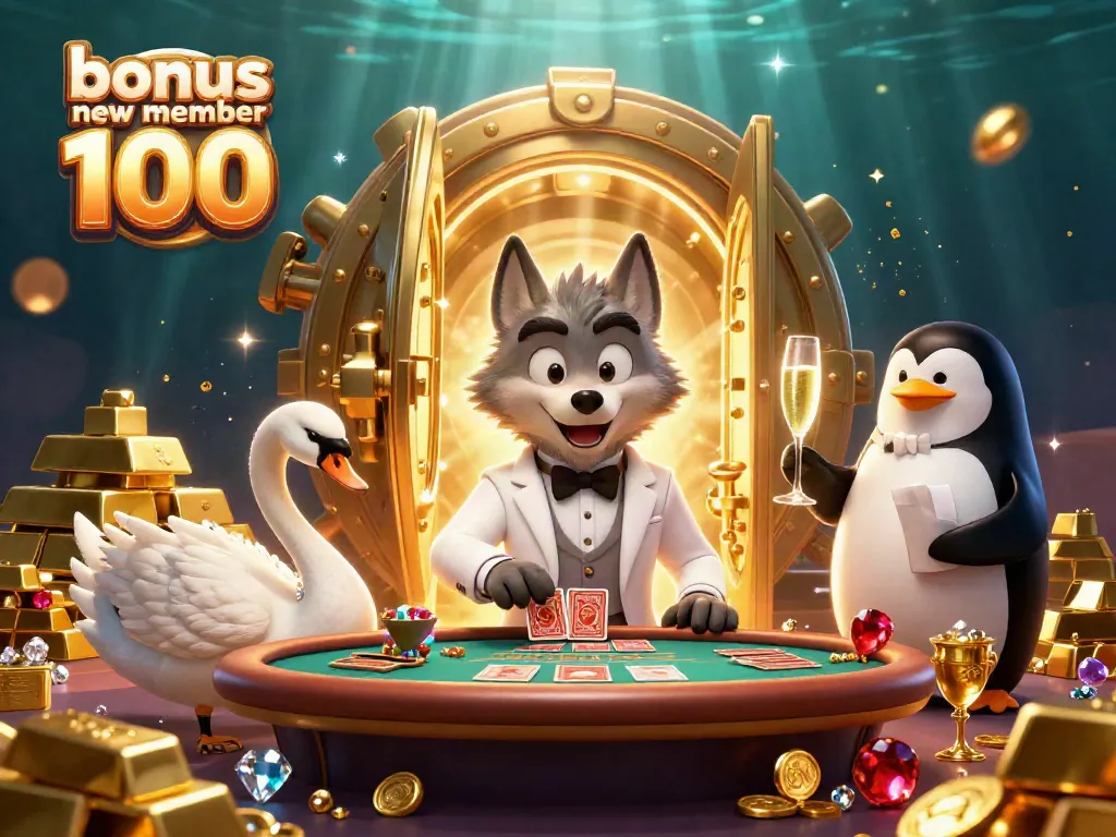 Experience the thrill of bonus new member 100 with an exciting casino scene featuring a cartoon wolf, swan, and penguin.