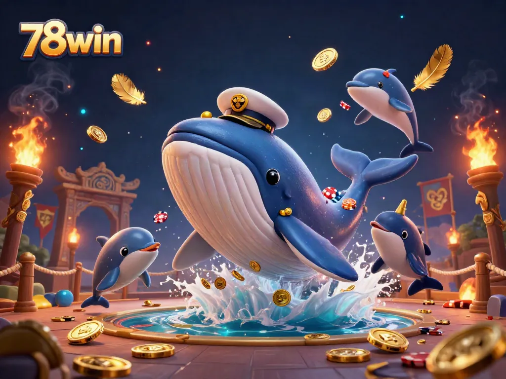 Catch thrilling wins with 78win as a whale breaches through coins in a vibrant casino scene.