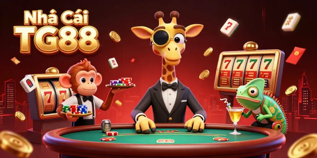 Engaging scene of Nhà Cái TG88 featuring unique characters and vibrant casino elements surrounded by glittering details.