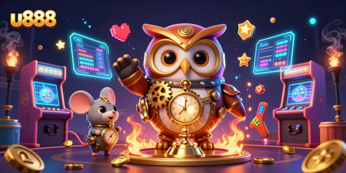 Engage in exciting gameplay at u888, featuring a steampunk owl and vibrant casino elements.