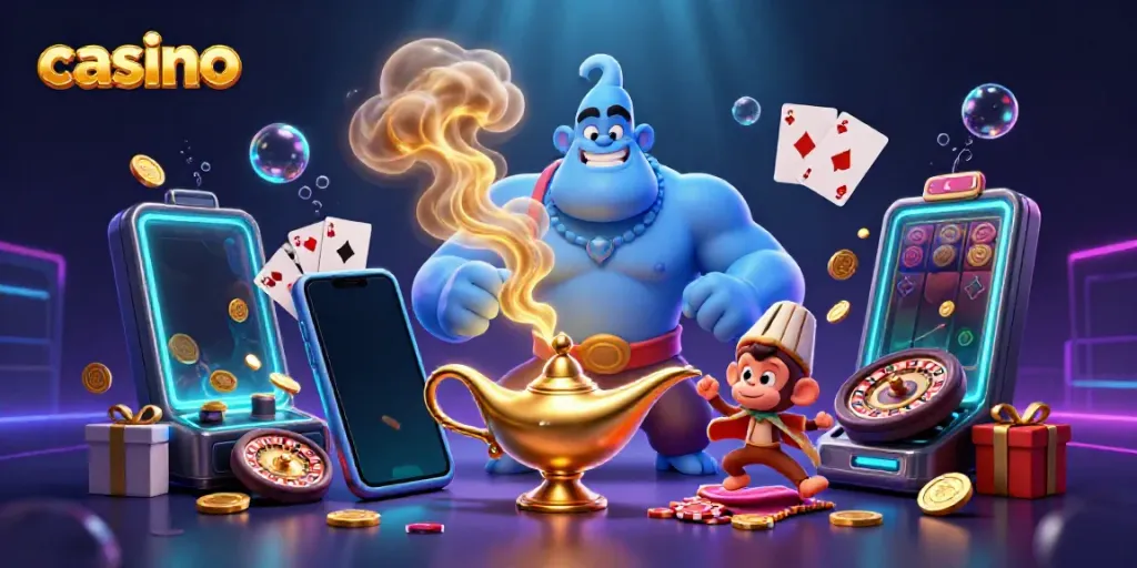 Engage with casino magic through a 3D illustration showcasing a genie, a monkey, and gaming elements.