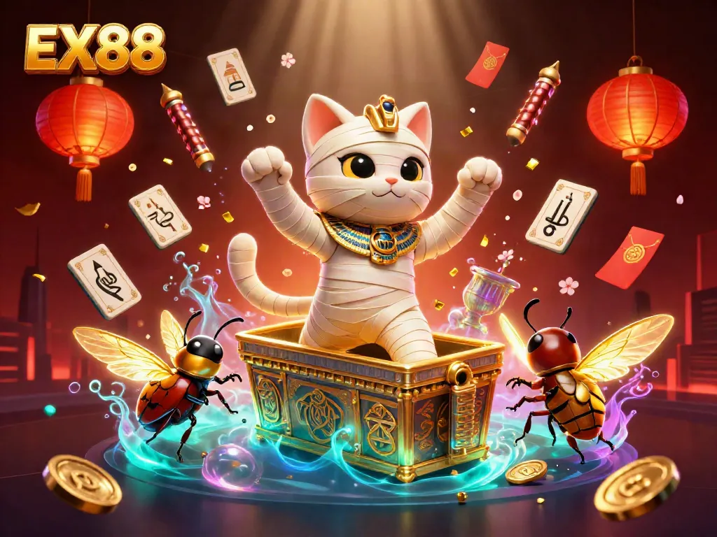 Engage in the captivating EX88 casino experience with swirling mahjong tiles and vibrant lanterns.