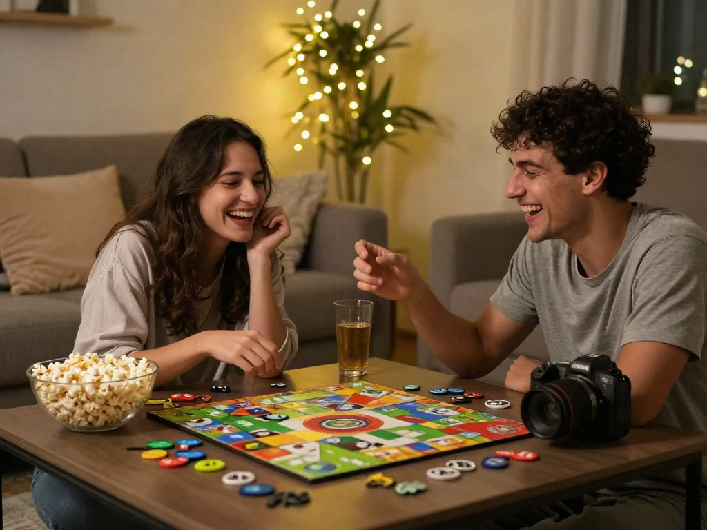 Couple enjoying a playful sex game night with laughter and warmth.